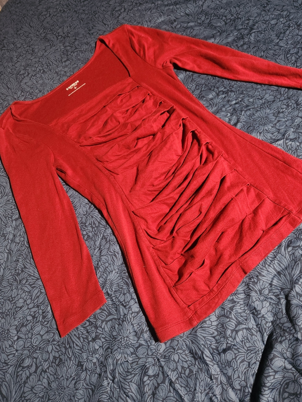 Women’s Red Long-Sleeve Ruffle Front Top
